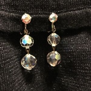Vintage Clip Back Earrings AB Crystal Dangle 1-3/4